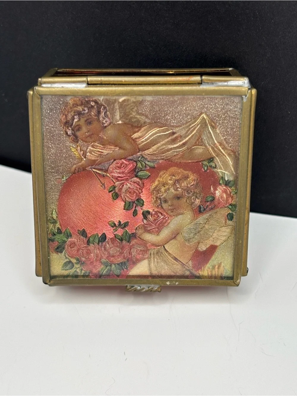 Vintage Via Vermont Cherub Brass Stained Art Glass Trinket Box Holographic